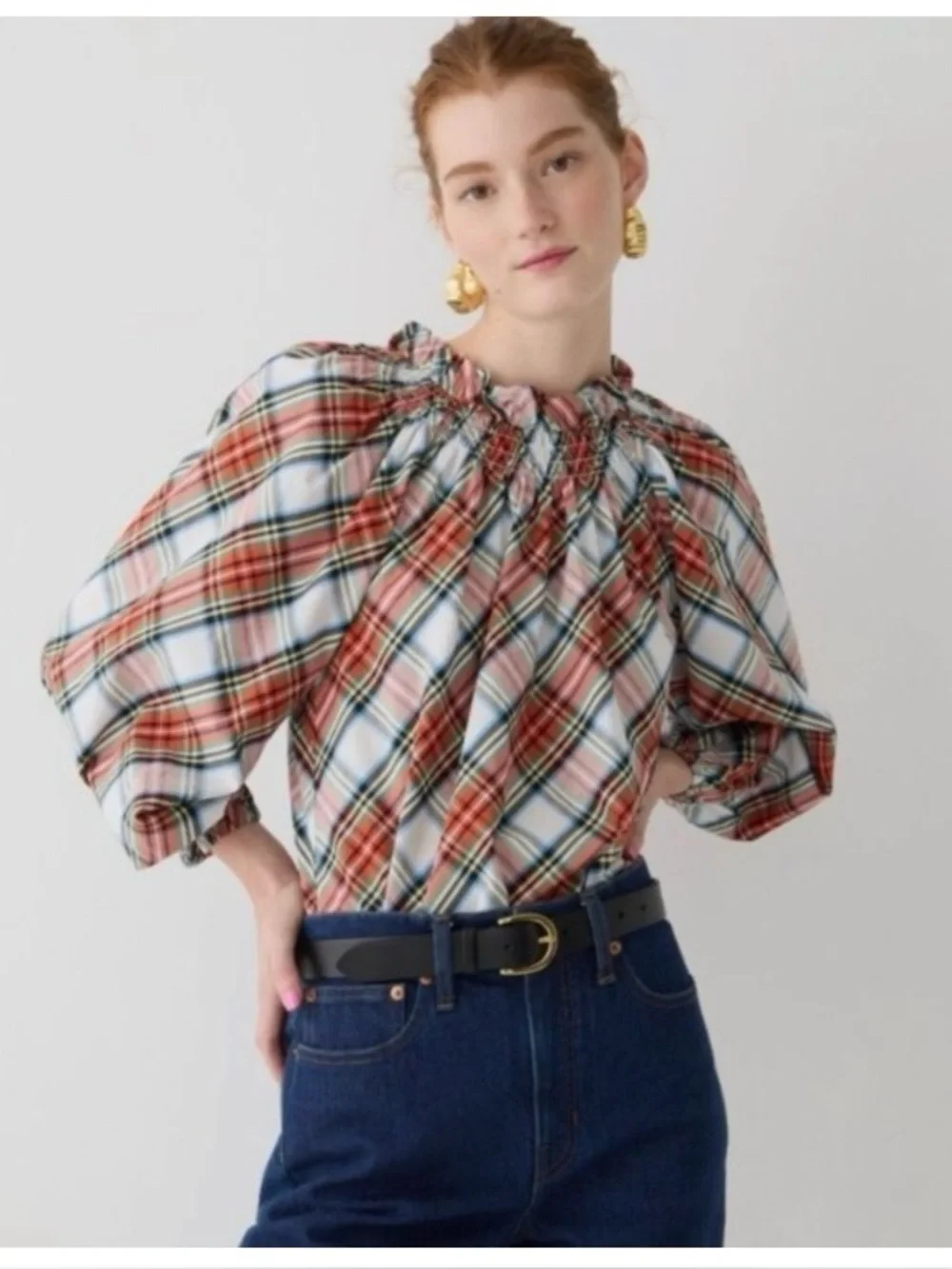 NWT J. Crew Plaid Tartan Smocked Neck Puff Sleeve Blouse